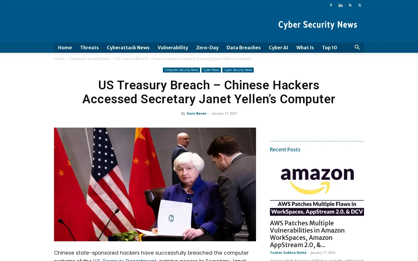 Chinese Hackers Breach U.S. Treasury Department Systems