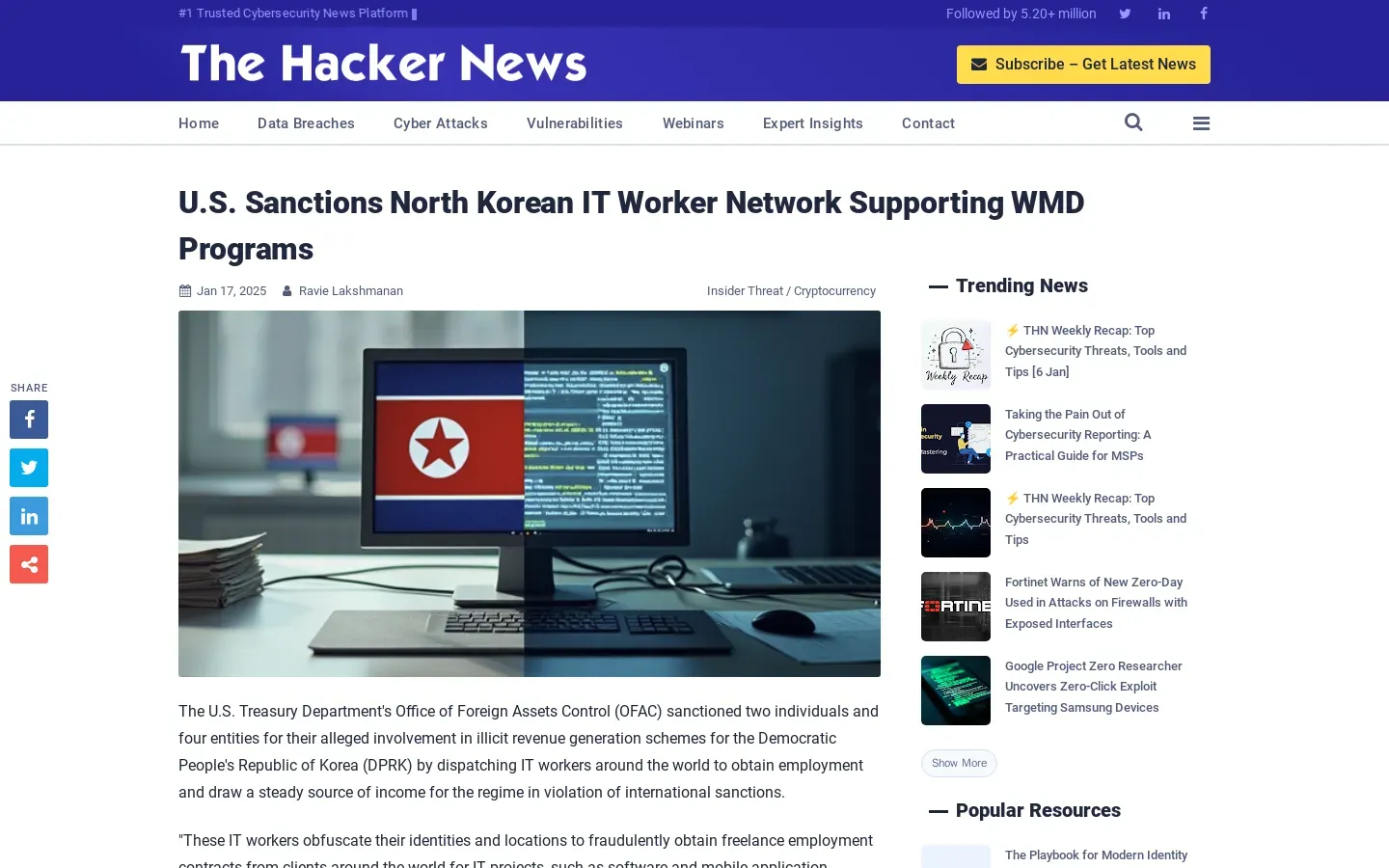 U.S. Sanctions North Korean IT Workers Linked to WMD Funding